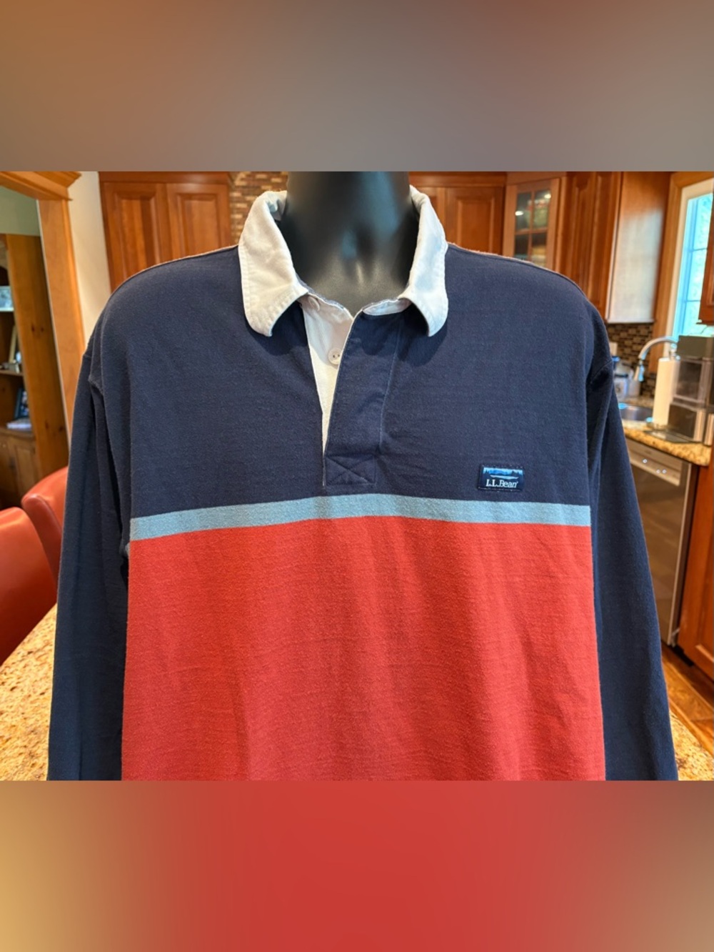 L.L. Bean Long Sleeve Rugby Polo in Navy, orange & grey. 2XL - Picture 2 of 6